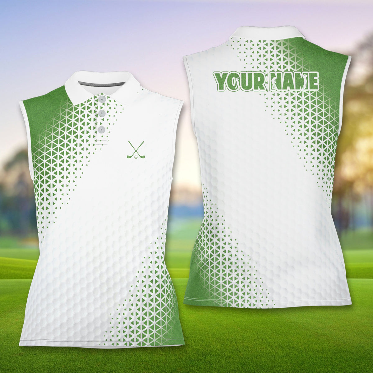 Front view of the geometric personalized polo shirt on a model