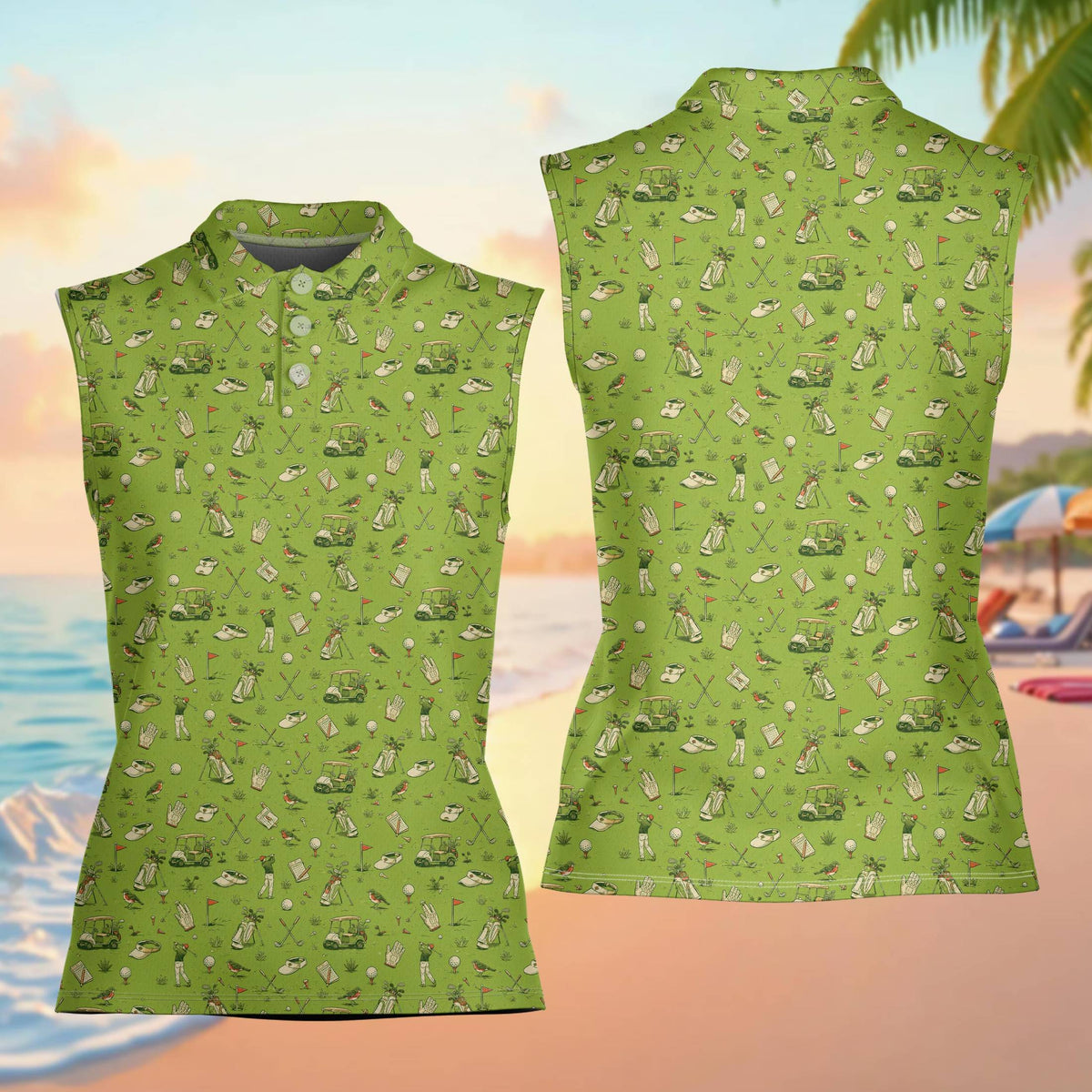 Close up front view of the green golf polo shirt pattern