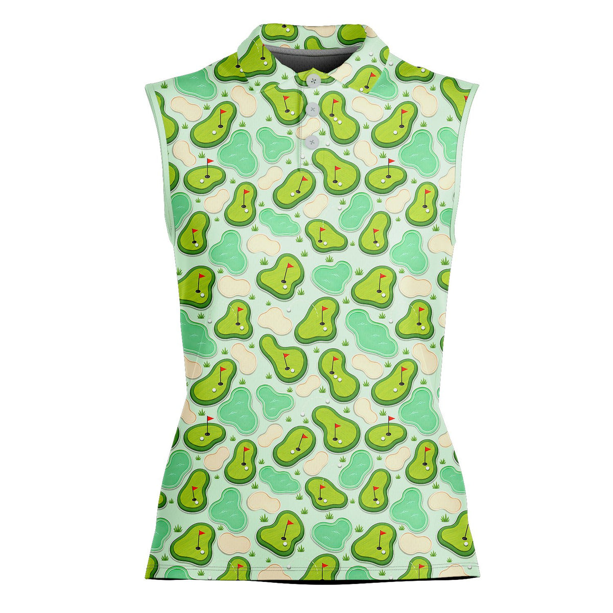 Green golf polo shirt with cartoon course pattern, front view 2