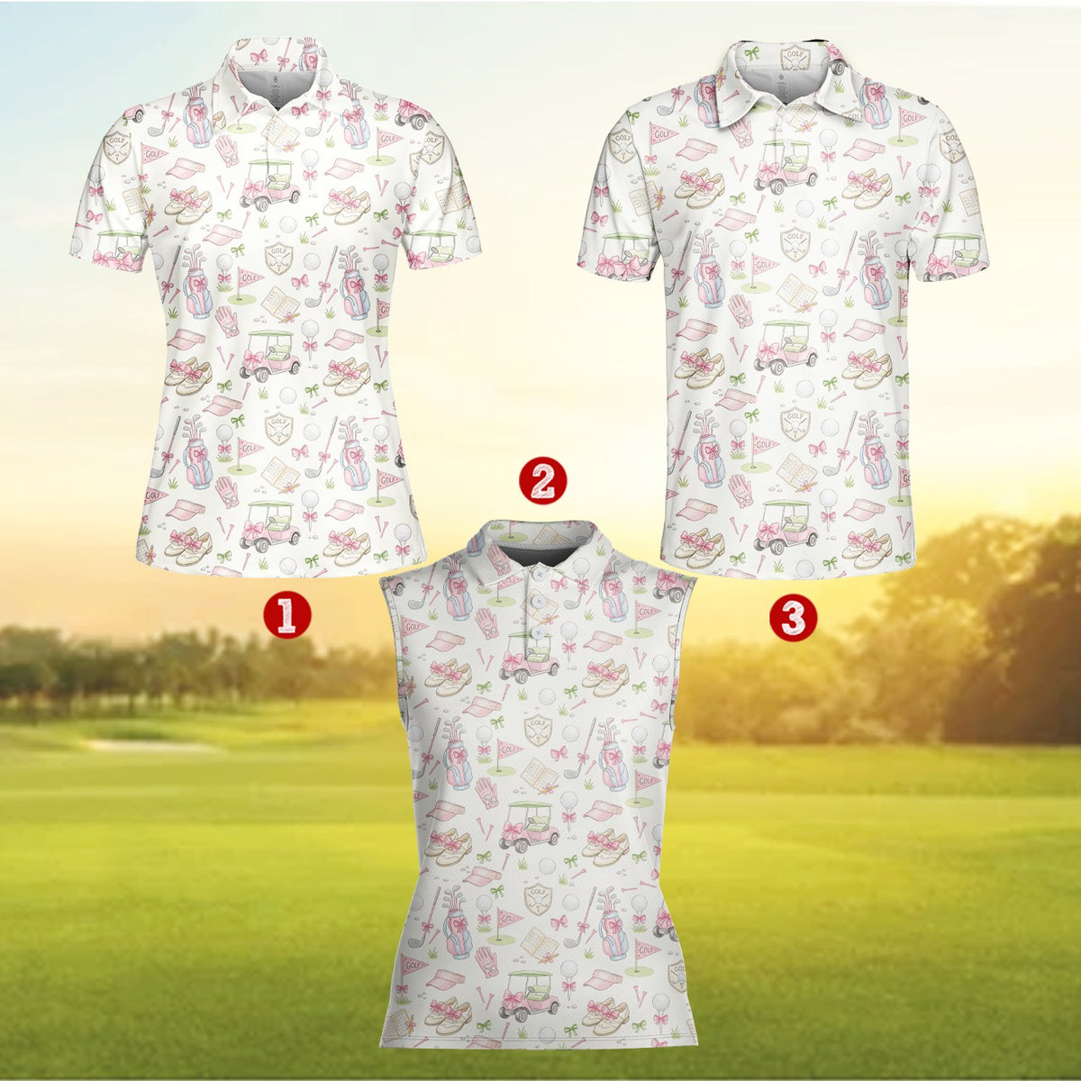 Detailed view of the collar and print on the watercolor golf polo shirt