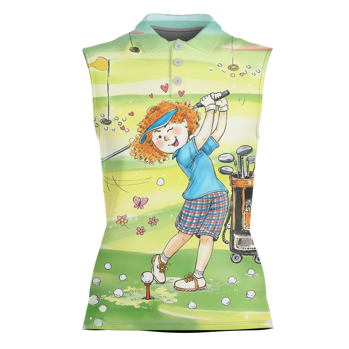 Front detail of female golfer golf polo shirt