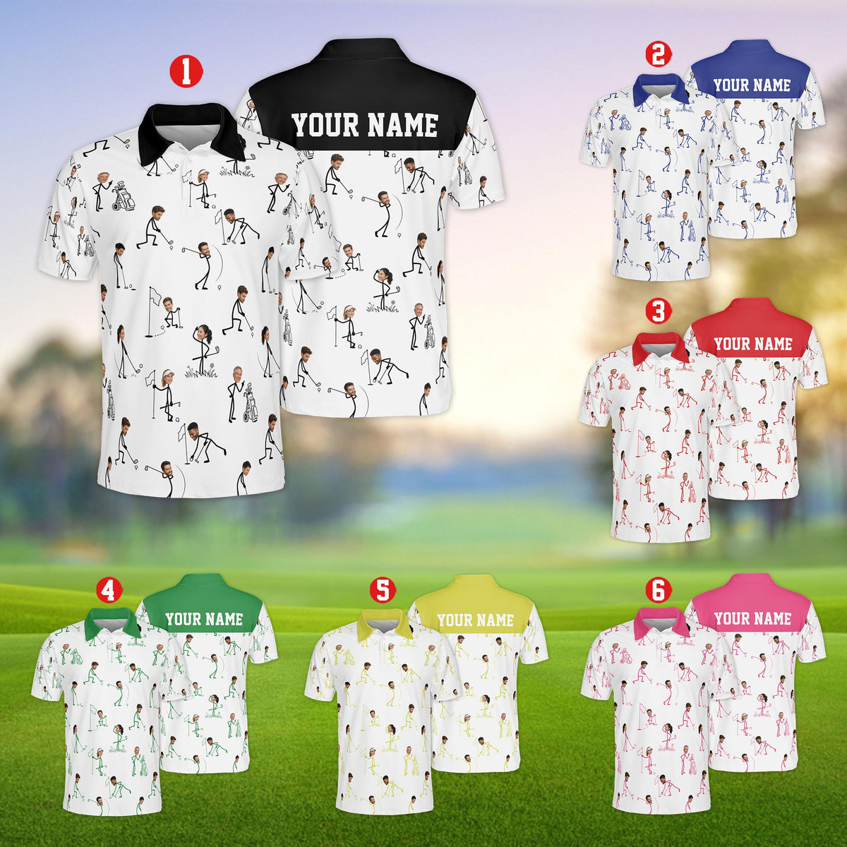 Multicolor golf polo shirt custom name and photo design on stick figures, front view