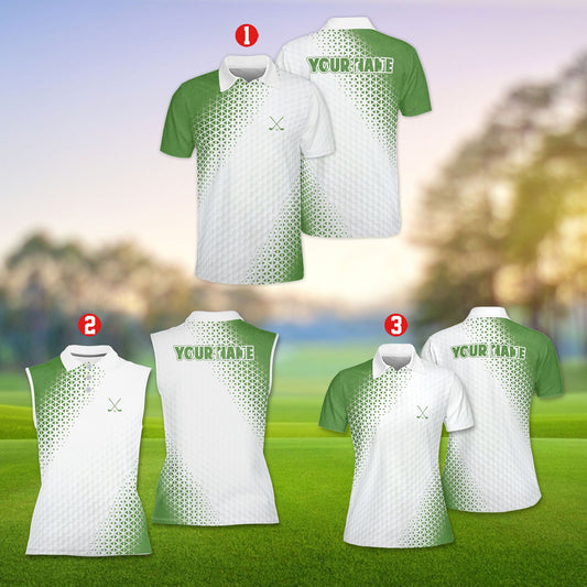Personalized white polo shirt with name featuring a golf ball texture and green geometric pattern, main view