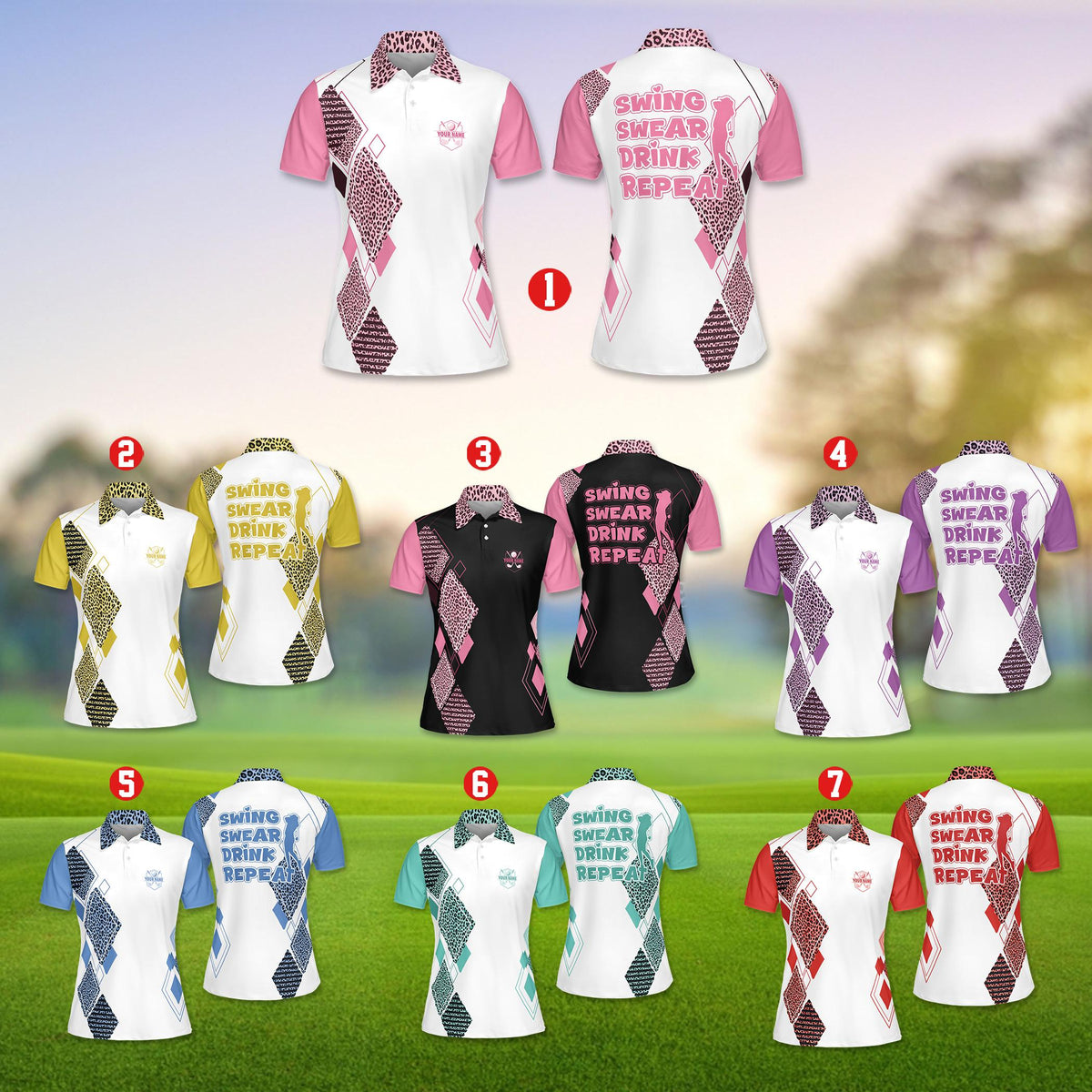 Front view of multicolor personalized golf polo shirt featuring diamond pattern