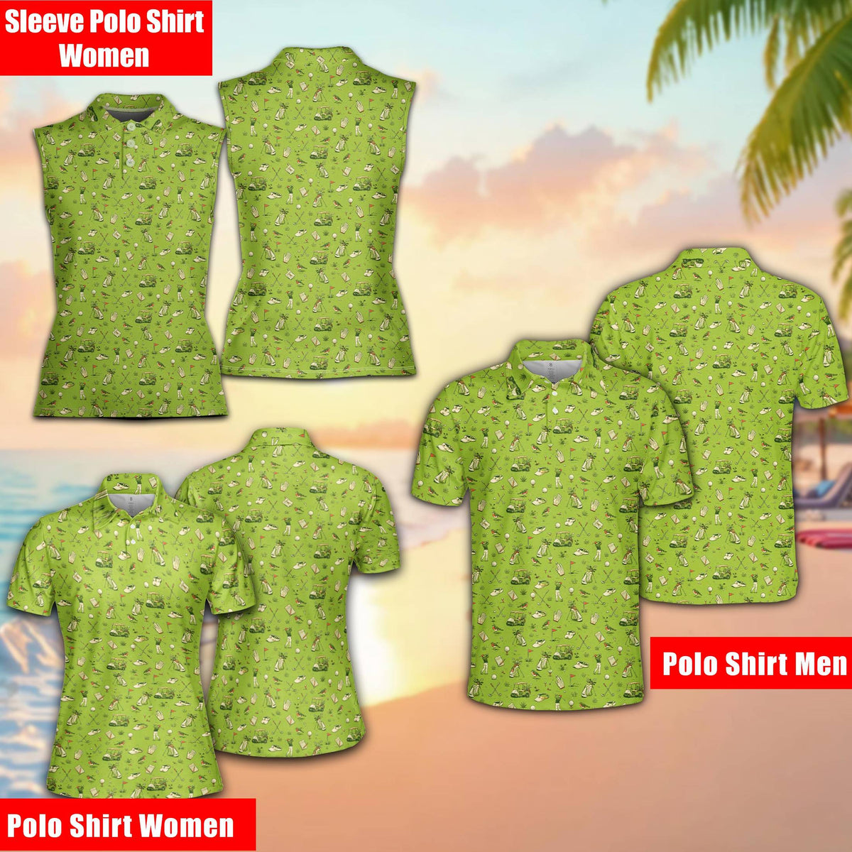 Green golf polo shirt featuring golf carts and clubs pattern, front view