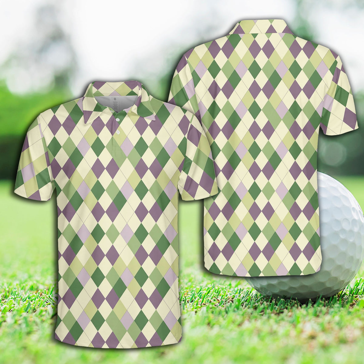 Multicolor golf cart and flag pattern polo shirt, front view