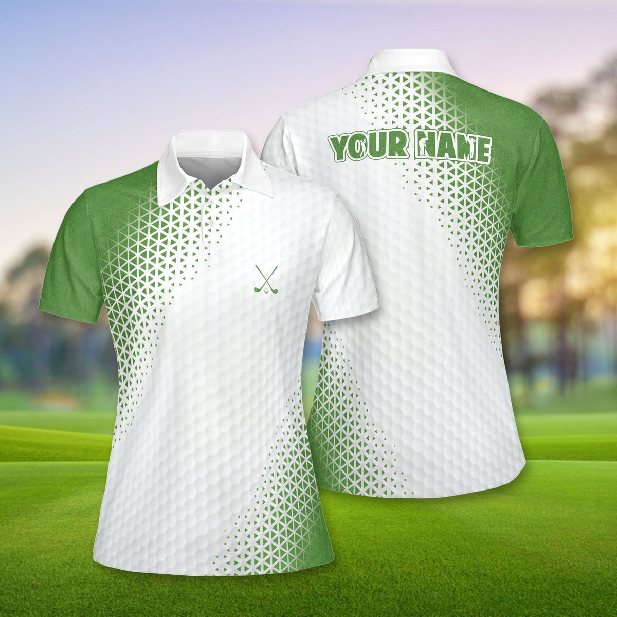 Close up front view of the custom polo shirt showing the crossed golf clubs logo