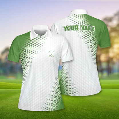 Close up front view of the custom polo shirt showing the crossed golf clubs logo