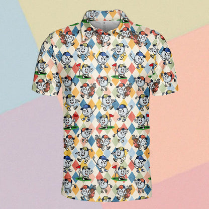 Detailed front view showing the cartoon golf balls on the polo shirt