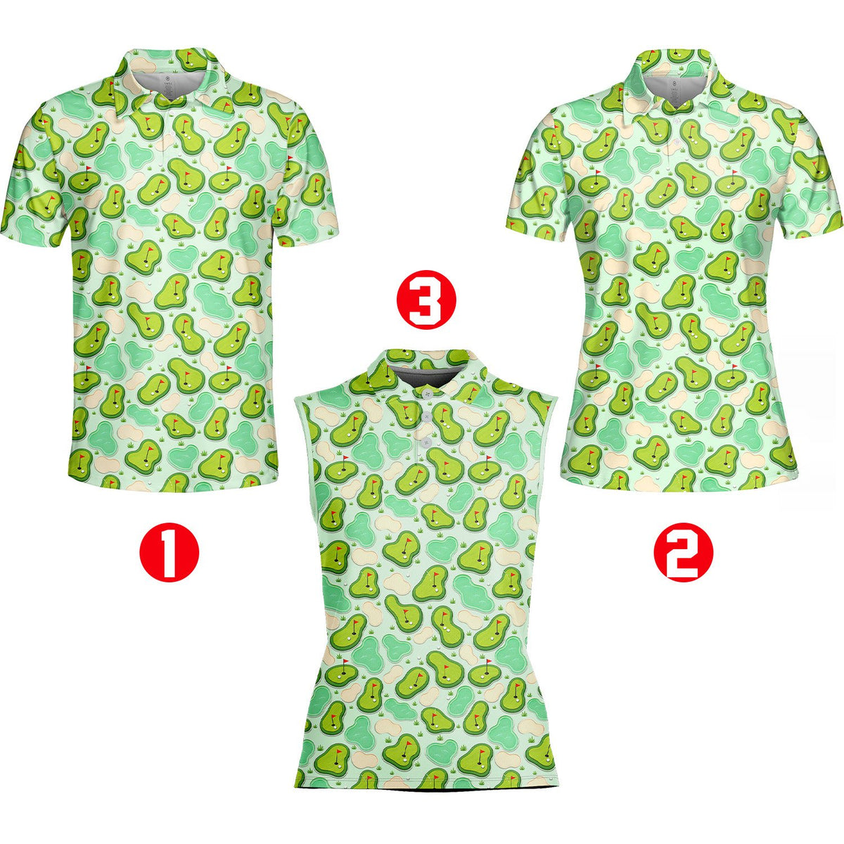 Green golf polo shirt with cartoon course pattern, front view 3