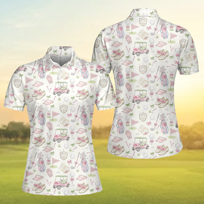 Front lifestyle view of the golf polo shirt showing the all-over watercolor pattern
