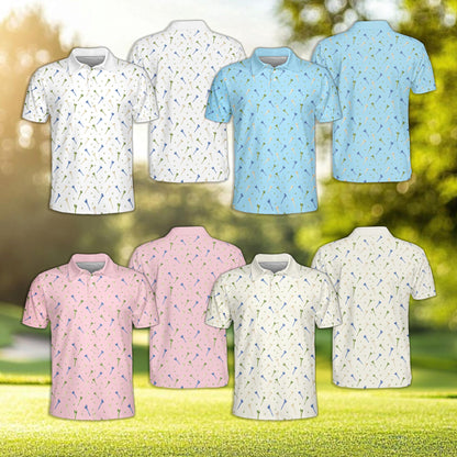 Multicolor golf polo shirt with scattered tees pattern, front view