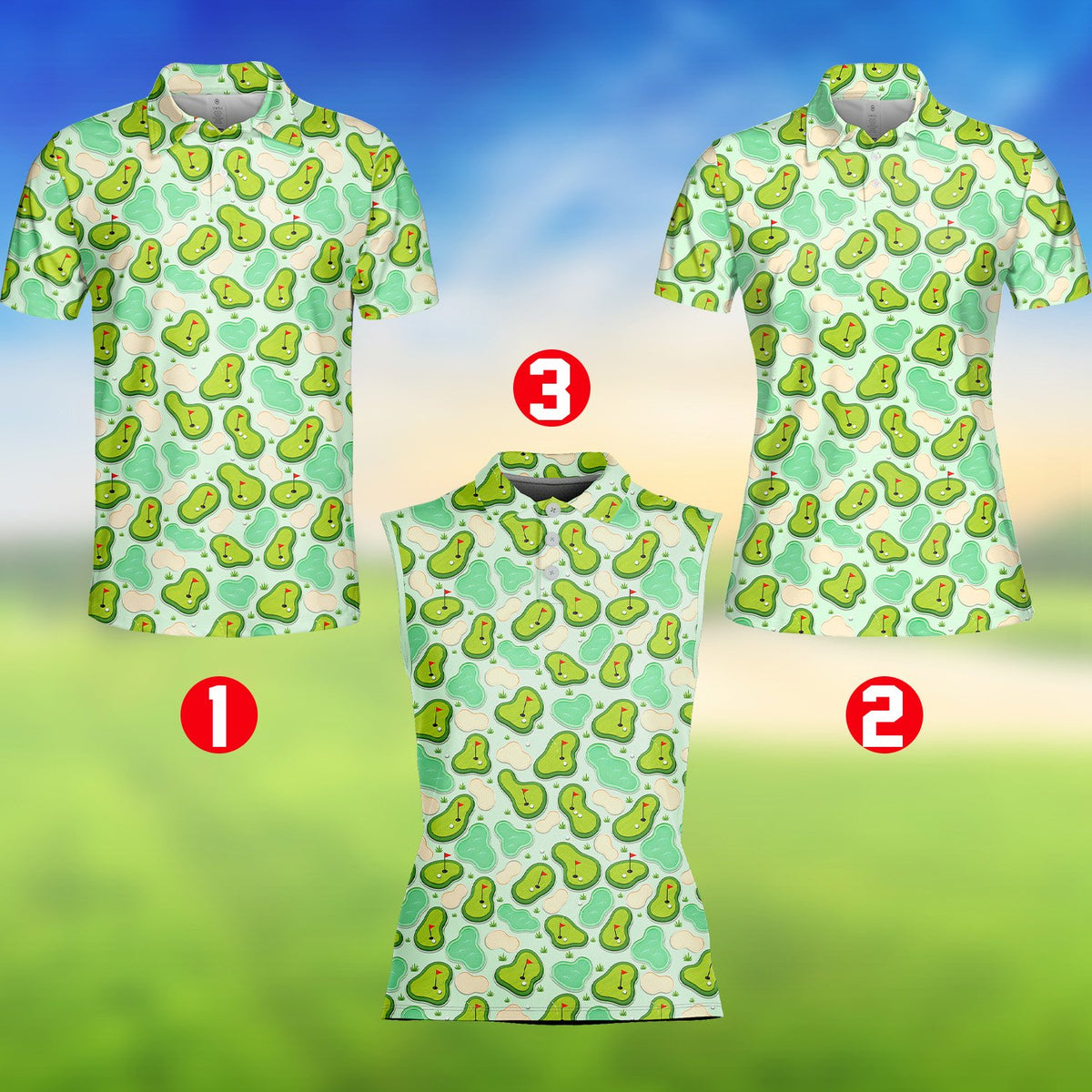 Green golf polo shirt with cartoon course pattern, front view 4