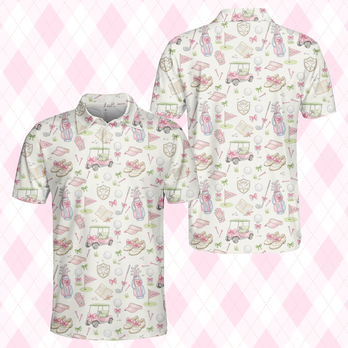 Angle view of the white golf polo shirt with pink and green golf illustrations