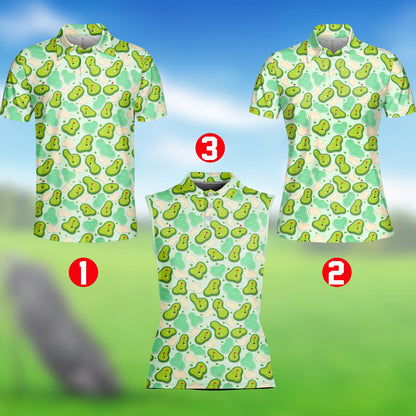 Green golf polo shirt with cartoon course pattern, front view 5