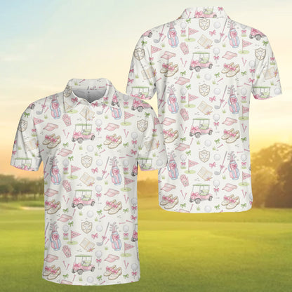 Another front angle of the polo shirt featuring watercolor golf clubs and bows
