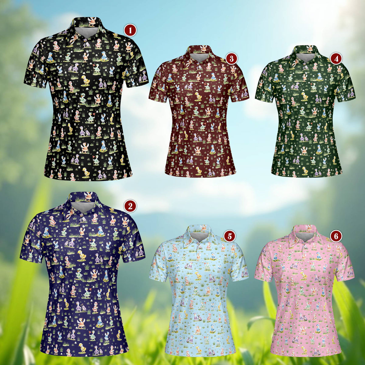 Multicolor golf polo shirt featuring an all-over print of cartoon ducks playing golf