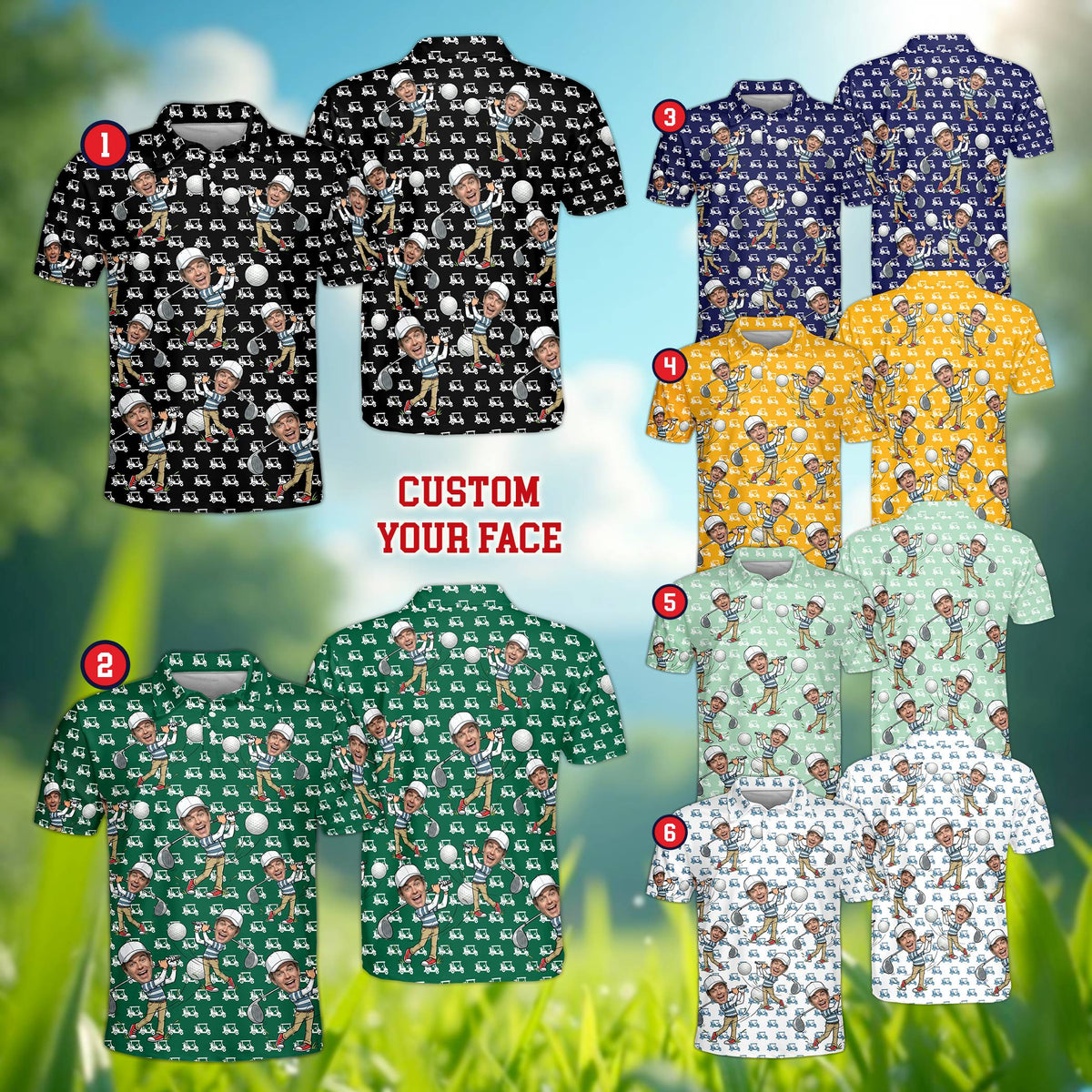 Front view of personalized golf polo shirt in multicolor