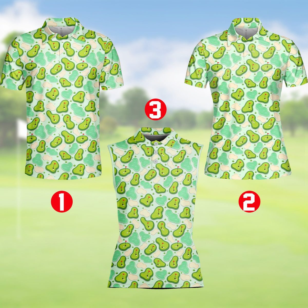 Green golf polo shirt with cartoon course pattern, front view 6