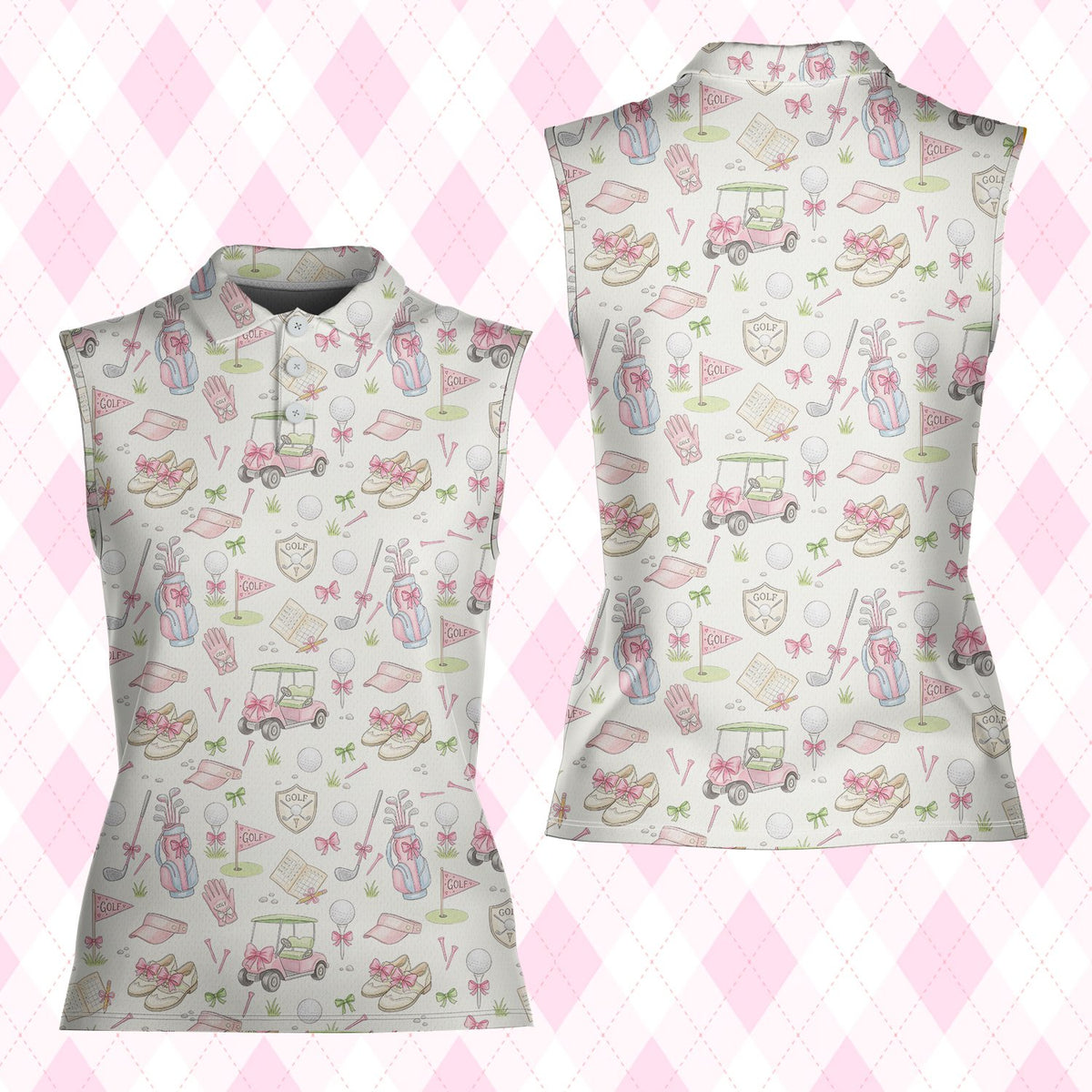 Close view of the polyester material and watercolor golf print on the polo shirt