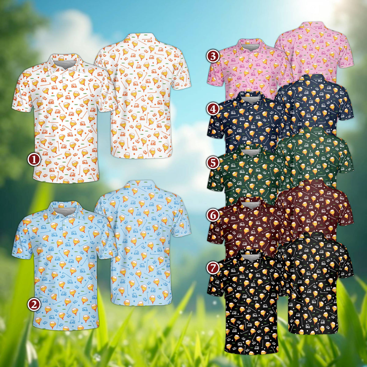 Multicolor polo shirt with personalized face cutouts and golf design, front view