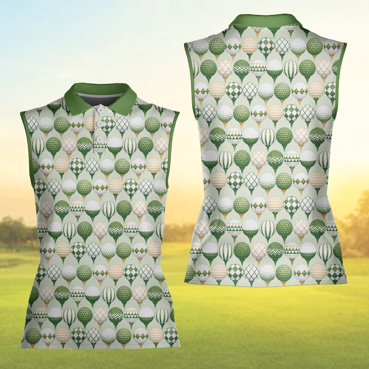 Full front view of the green geometric golf polo shirt