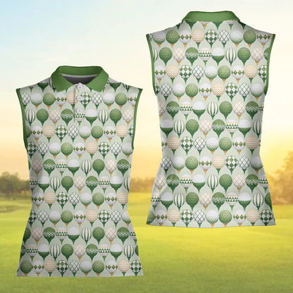 Full front view of the green geometric golf polo shirt