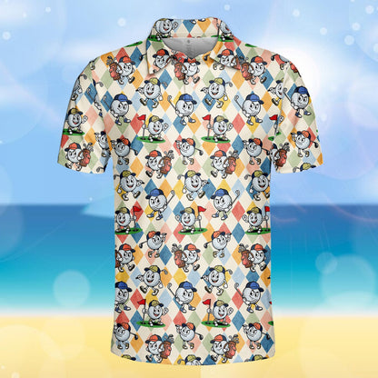 Argyle cartoon golf polo shirt featuring diamond pattern and golf ball illustrations, main view