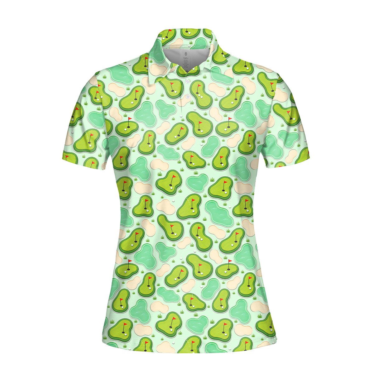 Green golf polo shirt with cartoon course pattern, main view