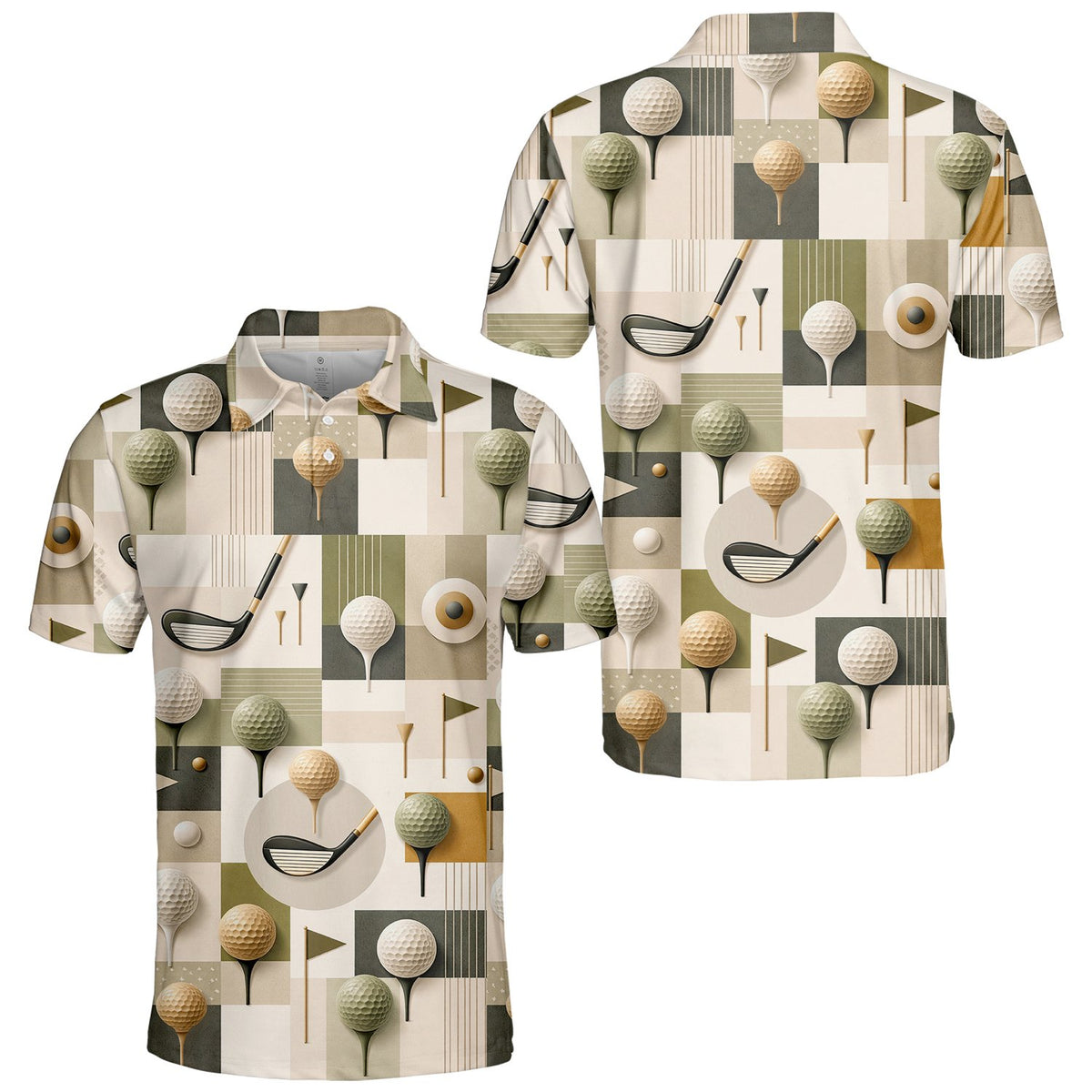 Geometric golf polo shirt featuring golf clubs and balls in beige and olive green, front view