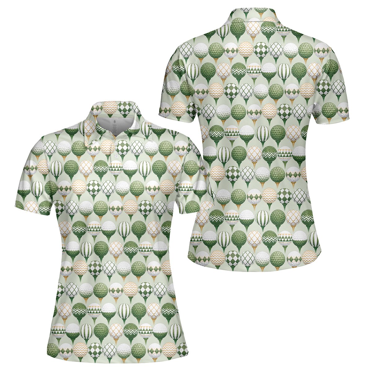 Green golf polo shirt featuring geometric golf balls on tees, front view