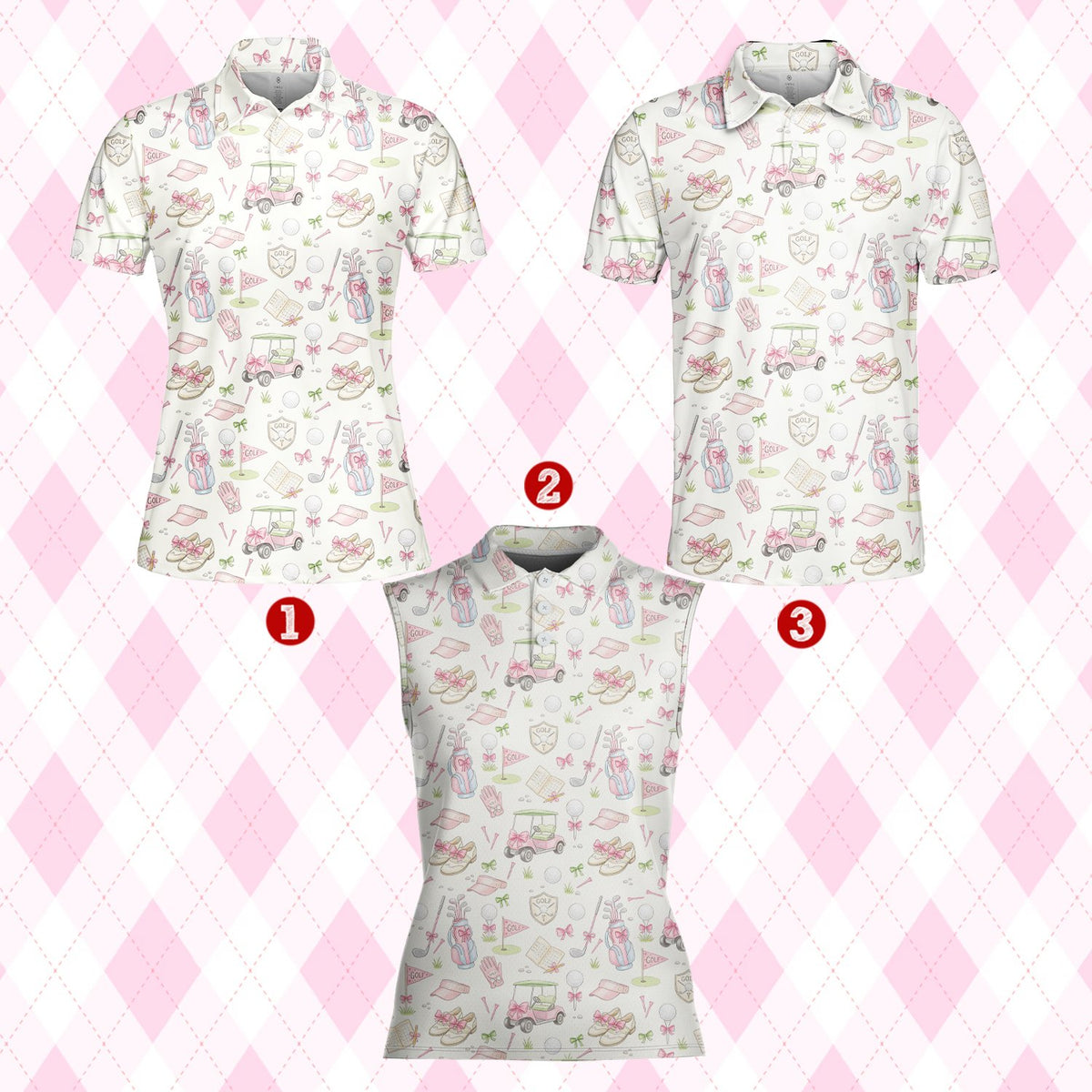 Adult white golf polo shirt featuring a watercolor pattern of pink golf carts and bags, front view