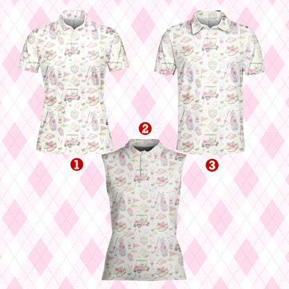 Adult white golf polo shirt featuring a watercolor pattern of pink golf carts and bags, front view