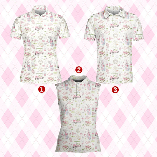 Adult white golf polo shirt featuring a watercolor pattern of pink golf carts and bags, front view