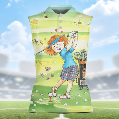 Green golf polo shirt with cartoon female golfer illustration, main view