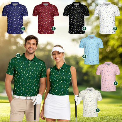 Lifestyle view of an adult wearing the scattered tees golf polo shirt