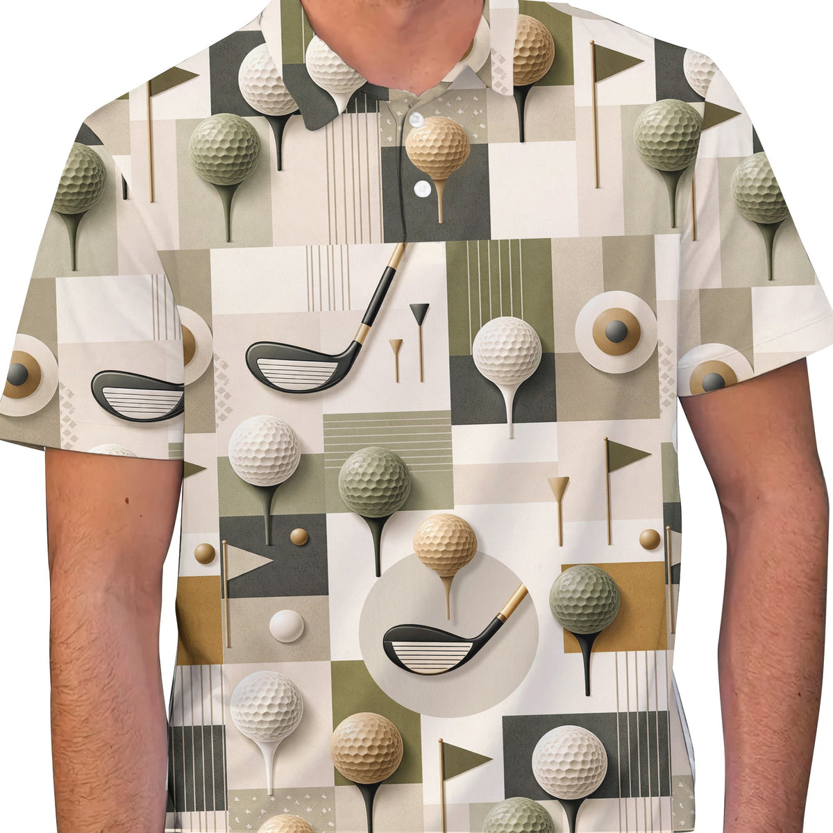 Lifestyle view of the geometric golf polo shirt worn on the golf course