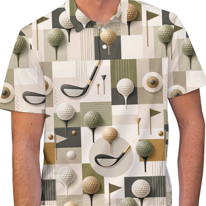 Lifestyle view of the geometric golf polo shirt worn on the golf course