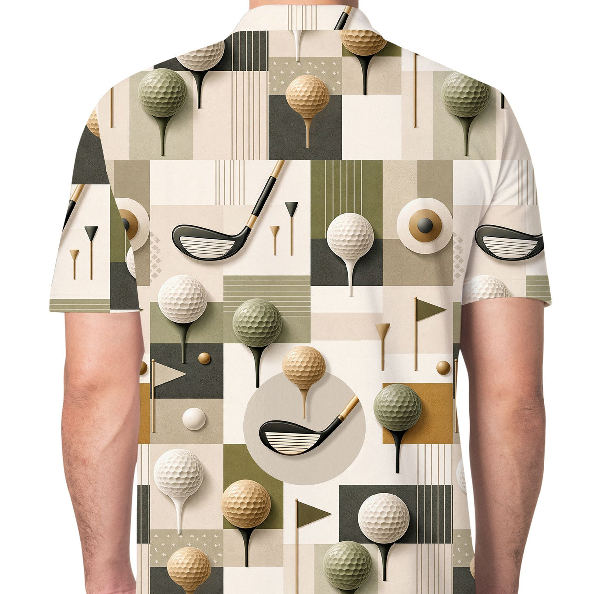 Close-up lifestyle view of the geometric golf polo shirt with tees and pennant flags