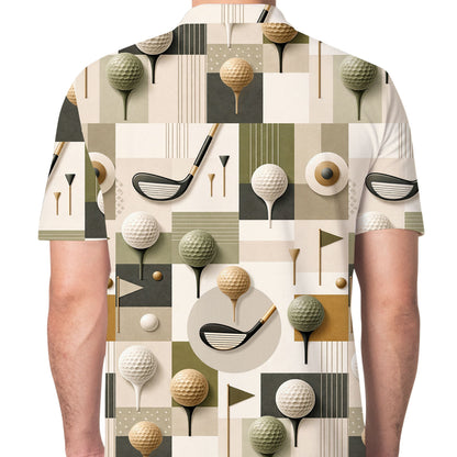Close-up lifestyle view of the geometric golf polo shirt with tees and pennant flags