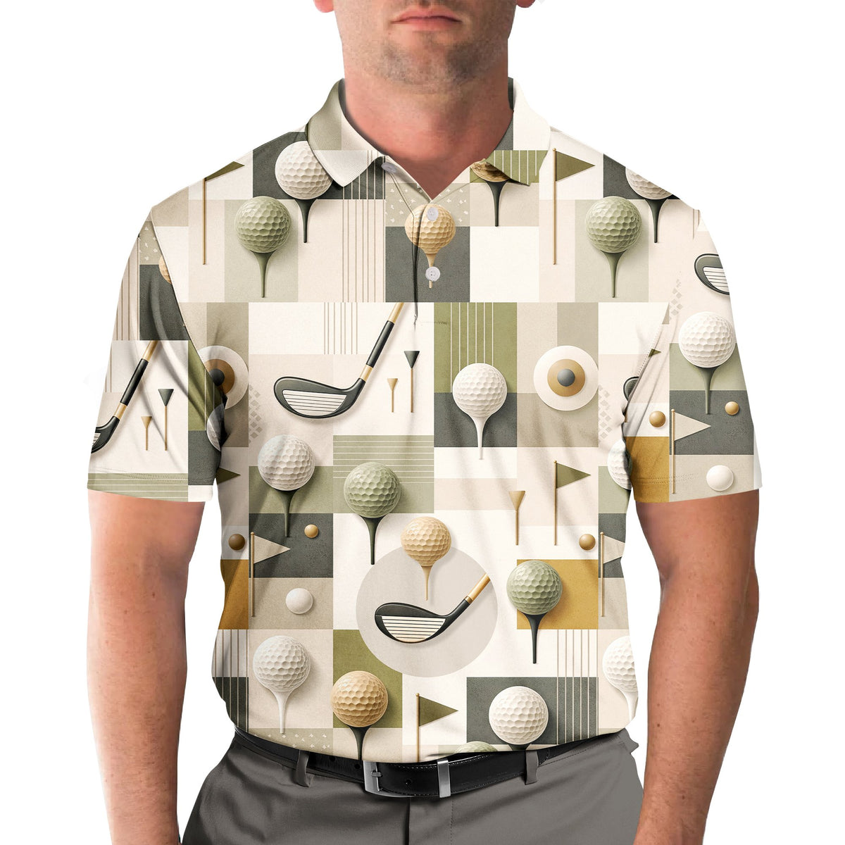 Lifestyle view of a person wearing the geometric golf polo shirt on a sunny day