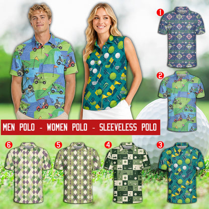 Polo golf long sleeve shirt featuring various golf-themed patterns, alternate view