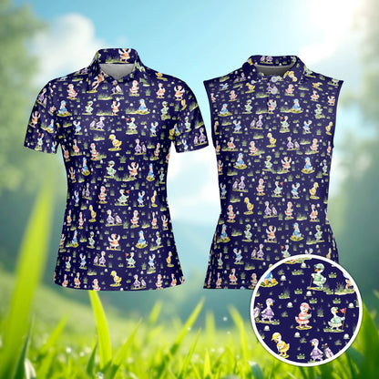 Navy golf polo shirt featuring an all-over print of cartoon ducks playing golf