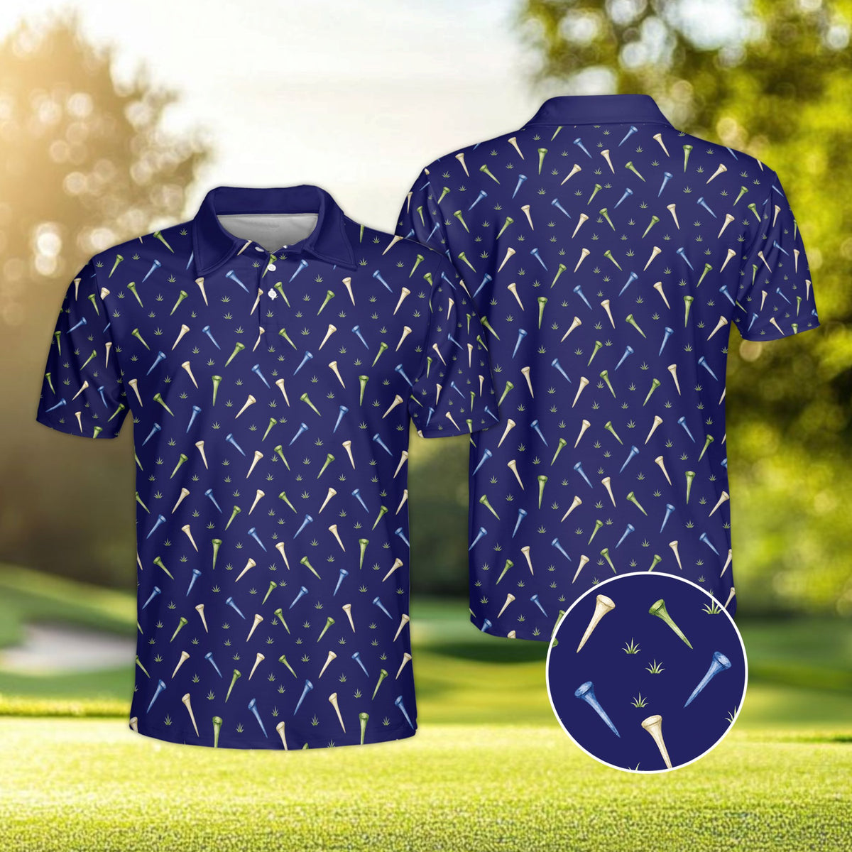 Navy golf polo shirt with scattered tees pattern, front view