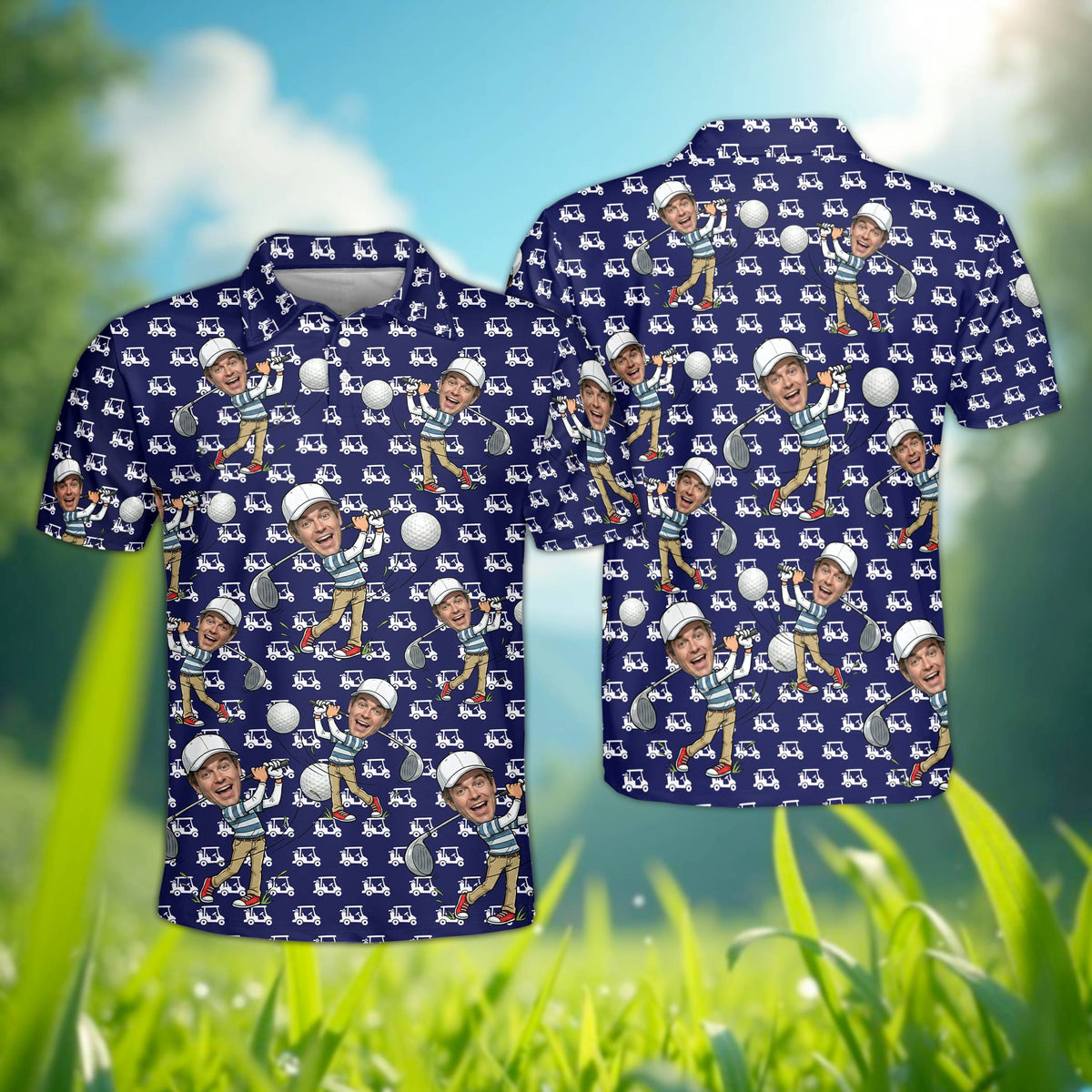 Front view of personalized polo shirt in navy blue