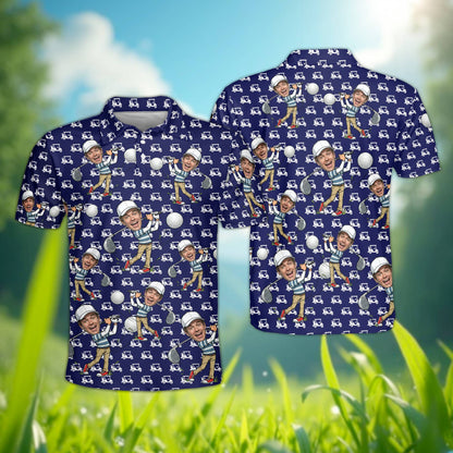 Front view of personalized polo shirt in navy blue