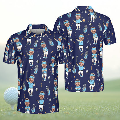 Personalized navy golf polo shirt with custom name and number, front view