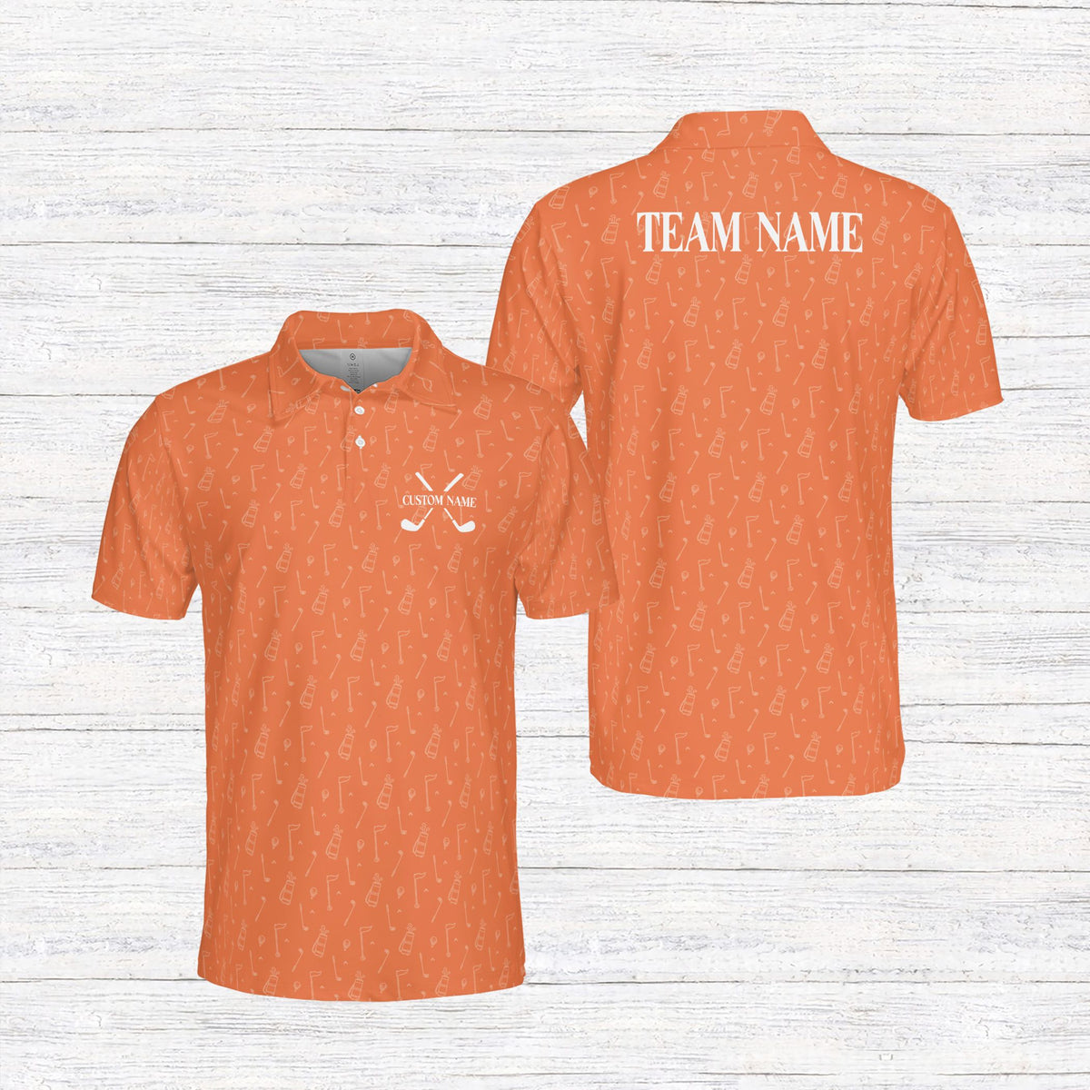 Personalized orange golf polo shirt with golf pattern, front view