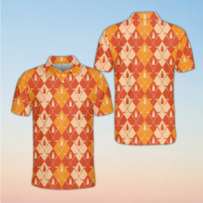 Orange golf polo shirt with argyle diamond pattern, front view