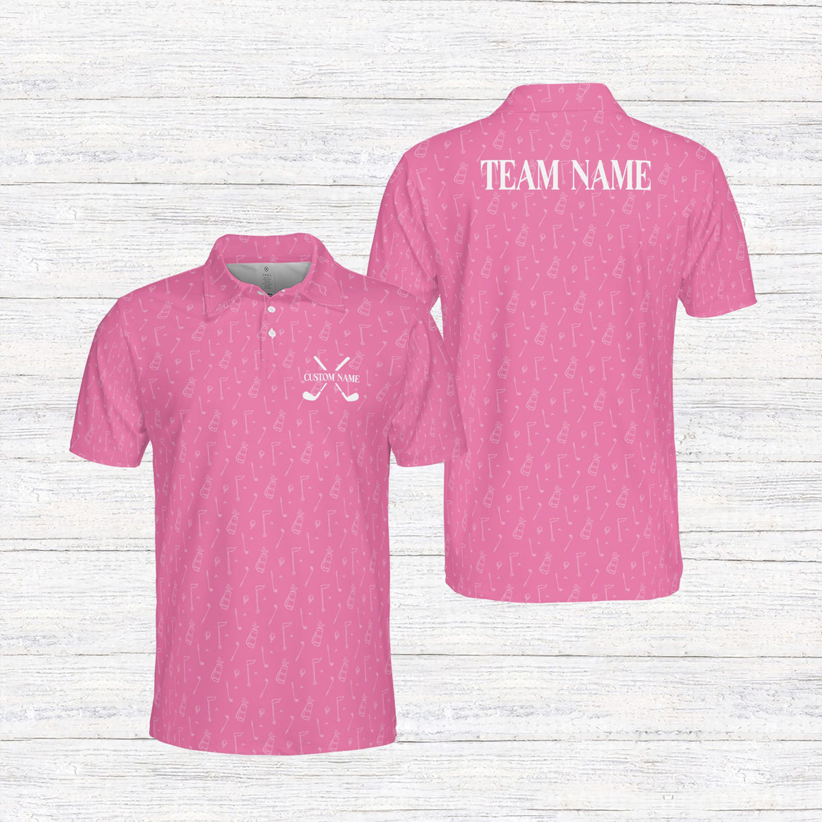 Personalized pink golf polo shirt custom name and tees pattern, front view